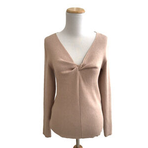 Halston Sweater M Blush Metallic Ribbed Knit Rayon V-Neck Long-Sleeve Pullover